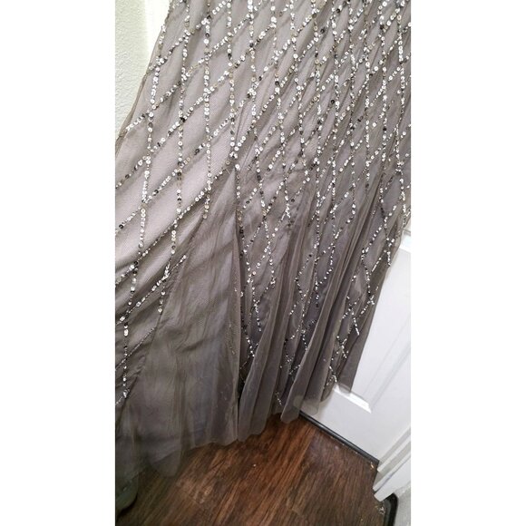 Adrianna Papell Beaded Short Sleeve Gown Size 12 Gray Elegant Formal Dress - Picture 4 of 6